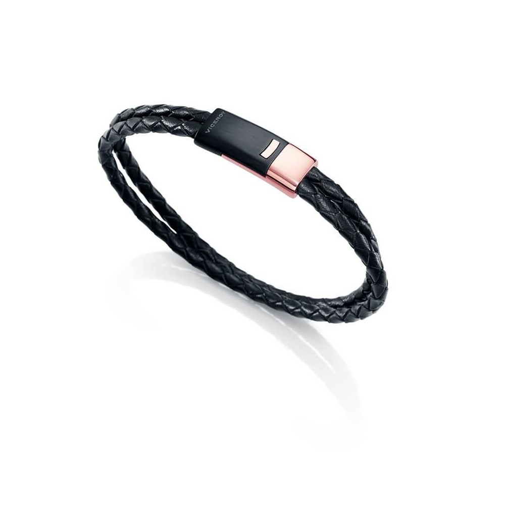 6415P09019 - Pulsera de acero y piel negra para hombre