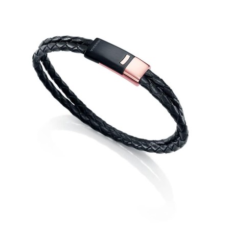 6415P09019 - Pulsera de acero y piel negra para hombre