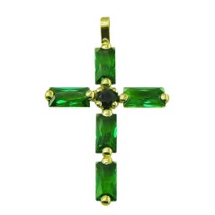 RR-4941E - Cruz de oro 18k de 30x18 mm con circonitas verdes en talla baguette de 6x3 mm 