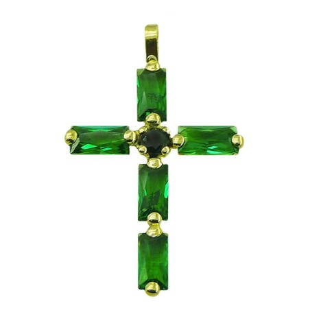 RR-4941E - Cruz de oro 18k de 30x18 mm con circonitas verdes en talla baguette de 6x3 mm 