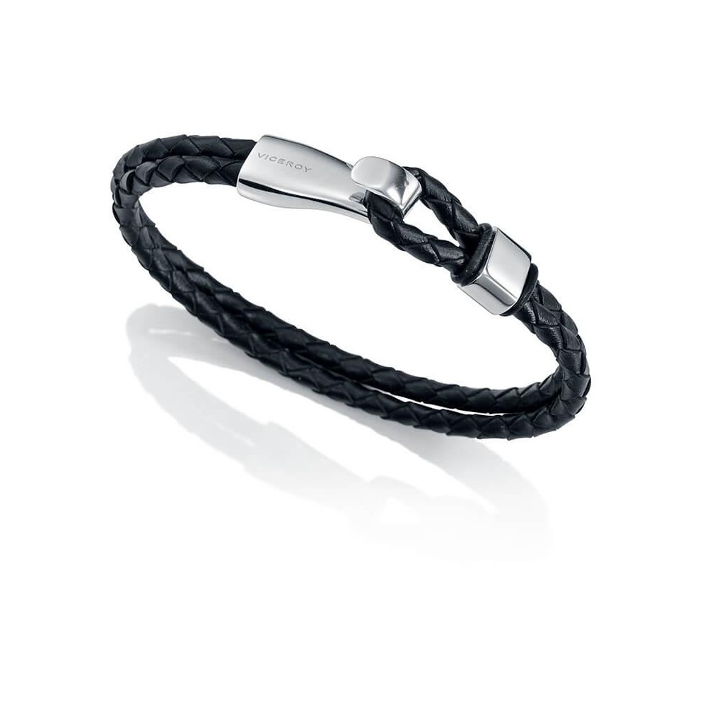 6399P09010 - Pulsera de acero y piel negra de hombre