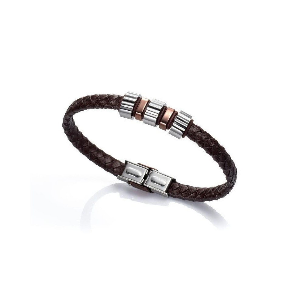 6189P09011 - Pulsera de Viceroy Fashion para hombre de acero bicolor con ip cafe y piel marro