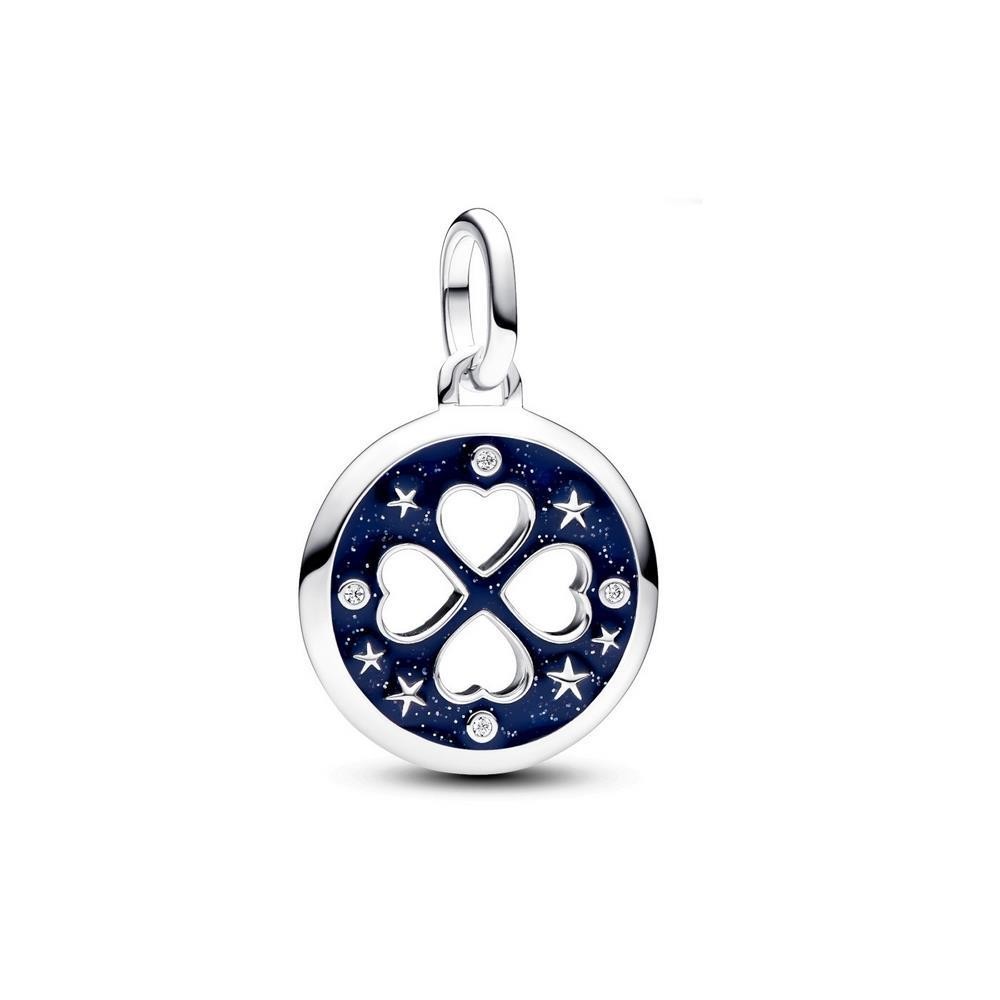 793104C01 - CLOVER STERLING SILVER MEDALLION WITH CLEAR CUBIC ZIRCONIA AND GLITTERY BUE ENAMEL