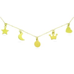 RR-4606 - Gargantilla de oro amarillo de 18k con colgantes de corazon, corona disco, luna y estrella y cadena de 45 cm