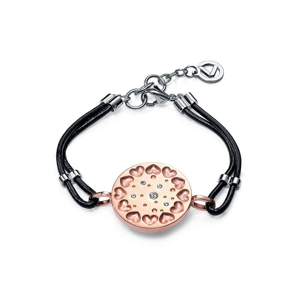 2231P01019 - Pulsera de acero e ip rosa con motivo de corazones y piedas. Pulsera de piel neg