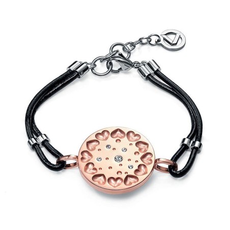 2231P01019 - Pulsera de acero e ip rosa con motivo de corazones y piedas. Pulsera de piel neg