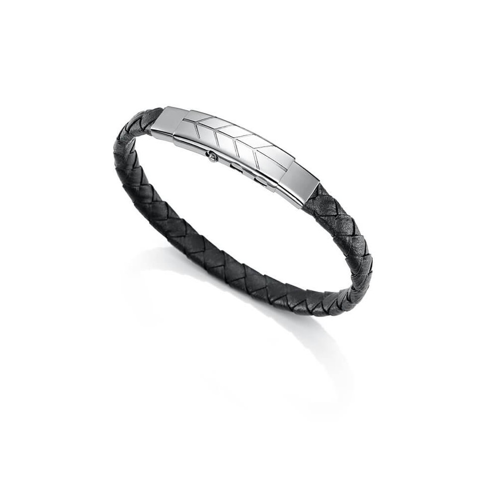 6418P01000 - Pulsera de acero y piel negra para hombre