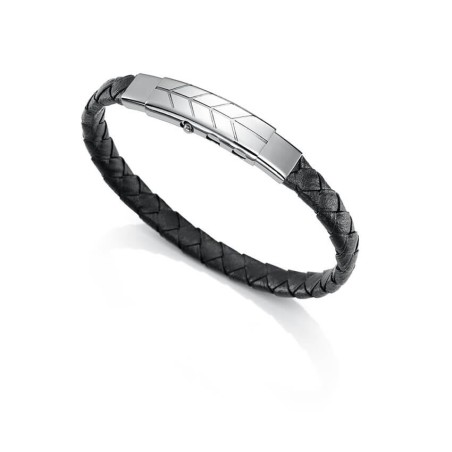 6418P01000 - Pulsera de acero y piel negra para hombre