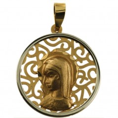 Medalla bicolor oro 18 k. de la Virgen Niña. Diametro: 18 mm.