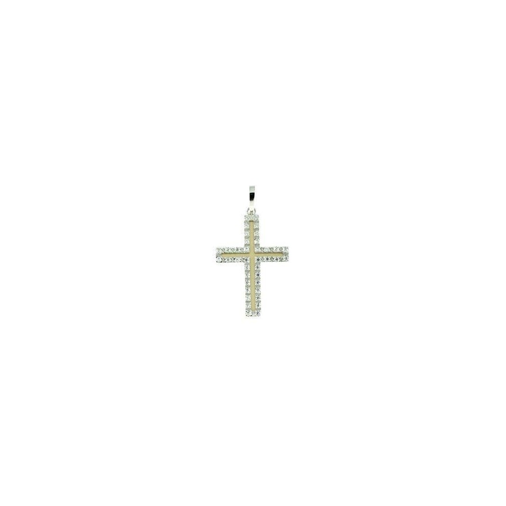 Cruz de oro bicolor de 18 ktes.  con piedras en matizado 