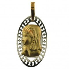 Medalla bicolor Virgen niña ovalada en   oro de 18 ktes.