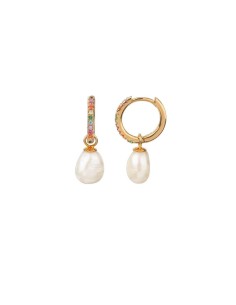 G3460 - Pendientes de aro Vidal&Vidal de 14x2 mm con circonitas multicolor y perla cultivada