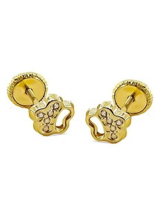 RR-4675 - Pendientes de oro 18k con circonitas en forma de flor y cierre de rosca