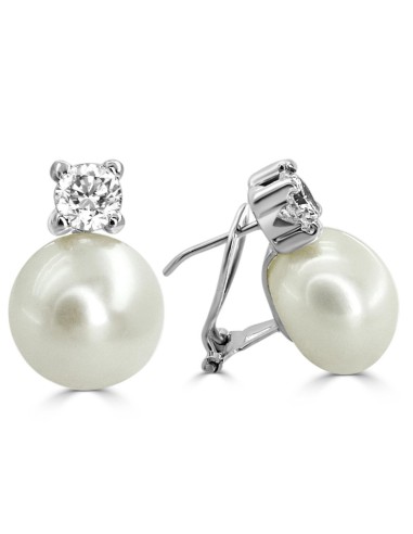 RR-2317B - Pendientes de oro blanco 18k con garra y circontia de 5mm y perl ade 11-11,5 mm con cierre de omega