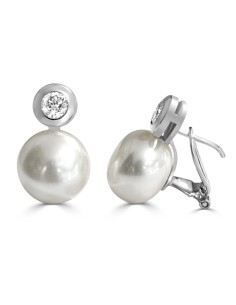 RR-1703B - Pendientes de oro blanco 18k con chatón de 4mm y perla de 12mm con cierre omega 2
