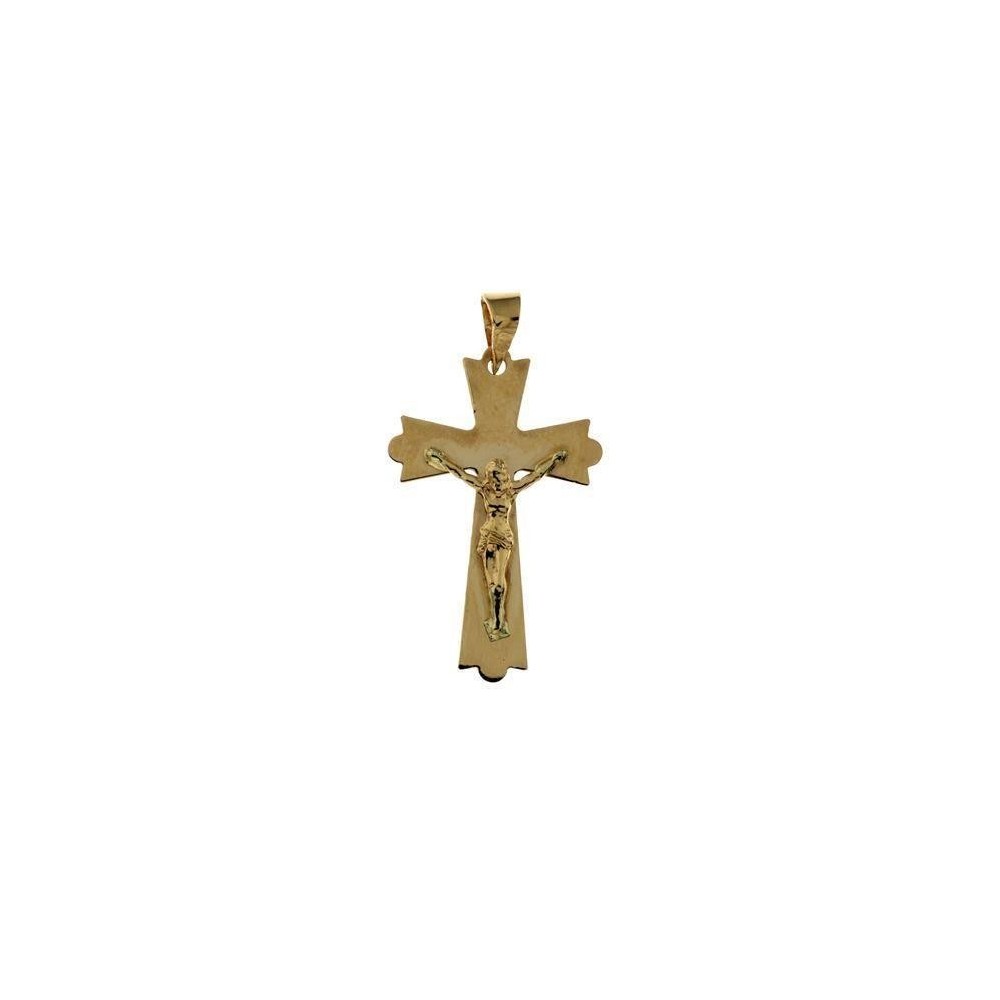 5951 - Cruz de oro de 18 ktes.   con cristo. Brillo. Medidas incluida anilla: 29,50x15,0