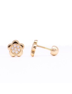 3385 - Pendientes de Oro Amarillo 18K en Forma de Flor con 14 Microcirconitas y Cierre de Rosca (7 mm) 2