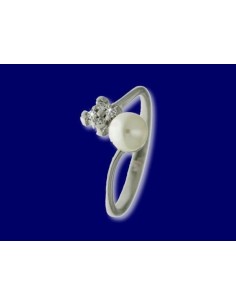 2143 - Anillo de oro blanco con perla y circonitas  para comunión.