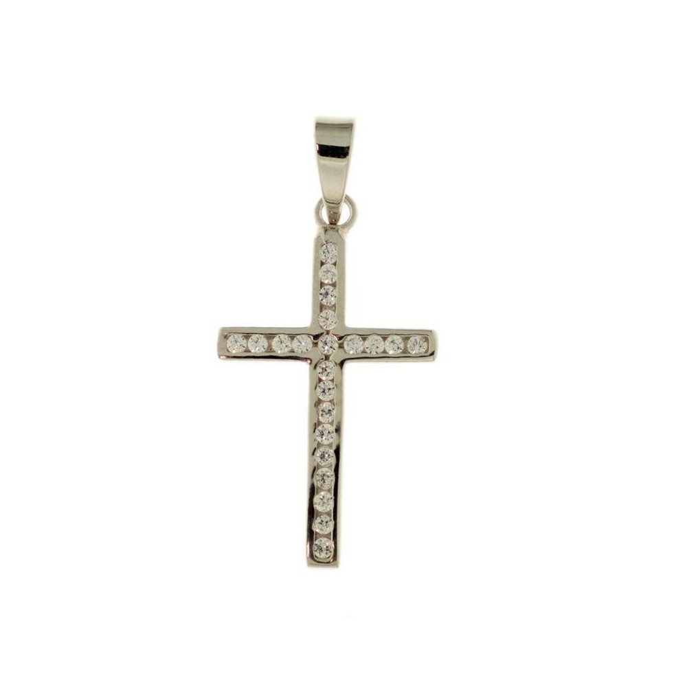 6623 - Cruz de oro blanco de 18 ktes. con circonitas. Medidas incluida anilla: 28 x 13 