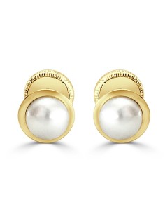 6915 - Pendientes para bebé de oro 18k con orla y perla de 3,5 mm con cierre de rosca