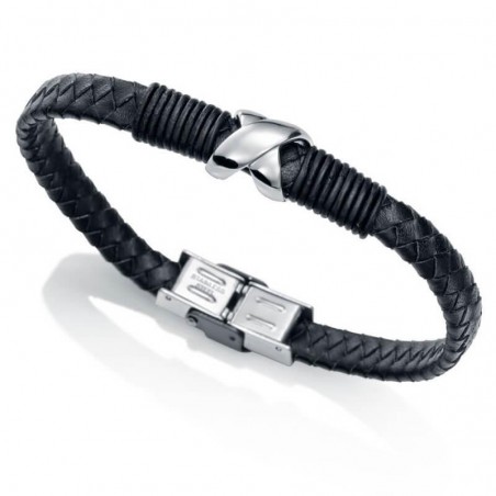 6397P09010 - Pulsera de acero y piel negra para hombre