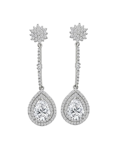 Pendientes largos oro blanco 18k con circonitas 11 mm ancho